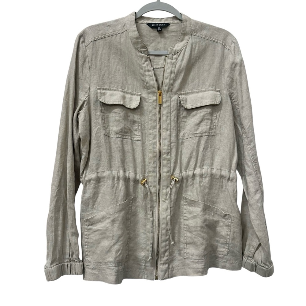 Ellen Tracy 100% Linen Jacket size M Cinched Waist Collarless